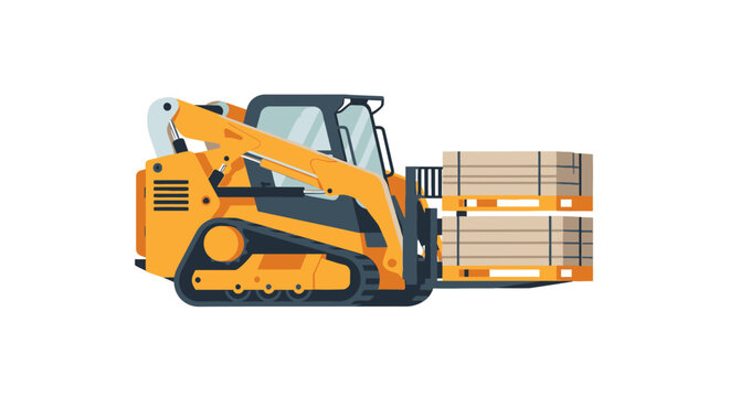 Yellow Tracked Skid Steer Loader with Forklift Attachment Carrying Pallets - Flat Vector Illustration