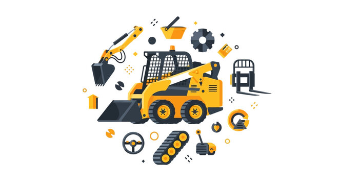 Skid Steer Loader Flat Vector Illustration with Construction Attachments and Industrial Equipment Icons