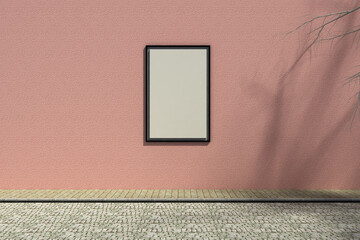 Horizontal view of empty frame mockup on pink rough cast textured wall 3D render © asep