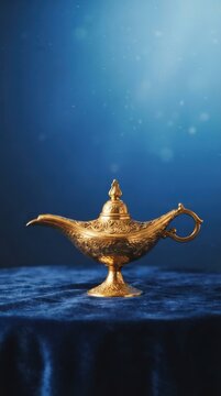 Ornate golden oil lamp on blue velvet