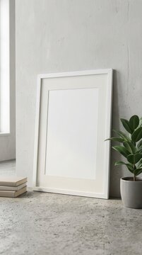 Blank vertical picture frame leaning against concrete wall with plant