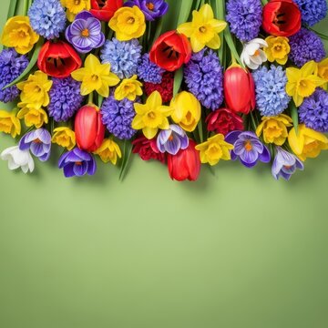 A richly colored spring flower bed is absolutely overflowing with fresh blossoms, showing vibrant growth and the beauty of nature's renewal, texture, fresh, thriving