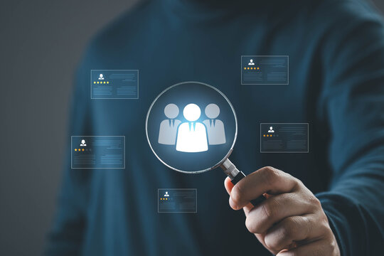 Customer feedback and employee evaluation concept with user rating analysis, client satisfaction review, human resources assessment, team management and business reputation monitoring system.