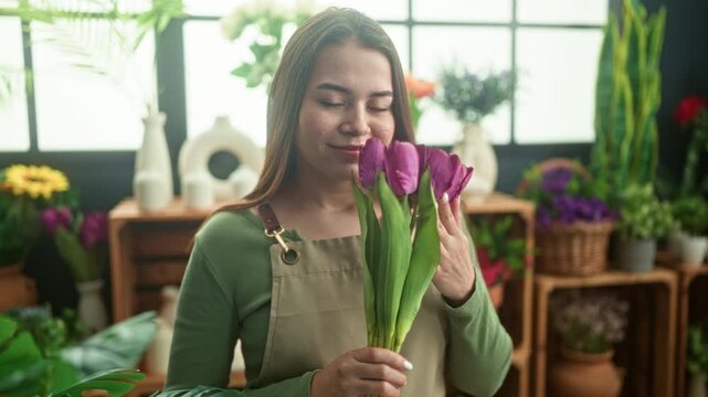 Young hispanic woman florist in apron holds purple tulips to her face, smiles and sniffs the blooms in a studio setting; serenity nurture care.