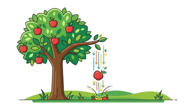 Cartoon apple tree with falling fruit depicting gravity and impact on the ground.