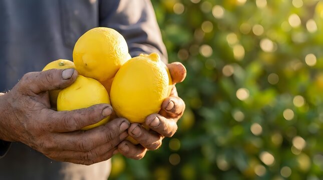 Farmer holding fresh yellow lemons in hands with orchard background, harvest season agriculture and citrus fruit production for farming and food industry.