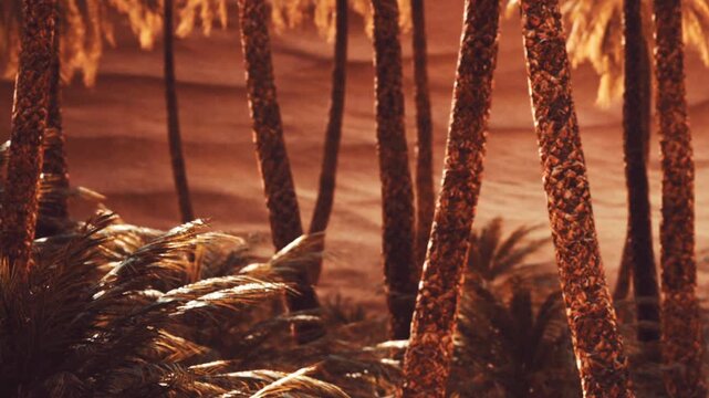 Palm trees stand tall in warm sunlight. The leaves rustle gently in a light breeze. This location features dense foliage typical of a tropical area, making it inviting.