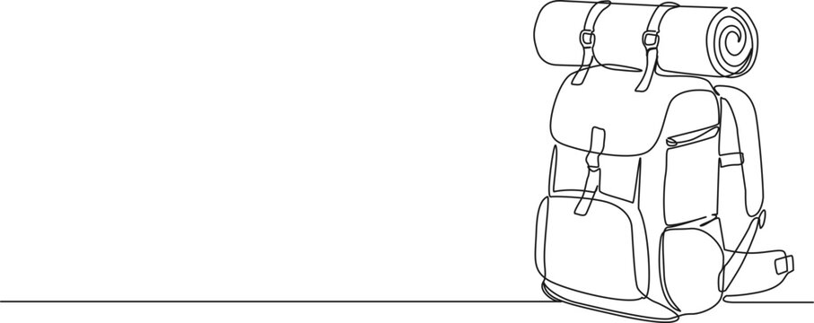 continuous line drawing of hiking backpack with rolled sleeping mat attached, minimalist single outdoor travel adventure concept, line art vector illustration