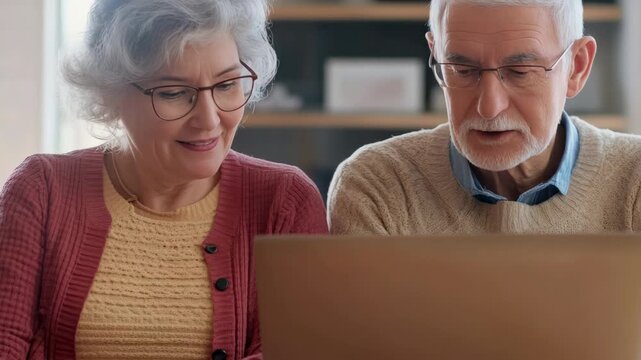 Two elderly people looking at computer screen together.