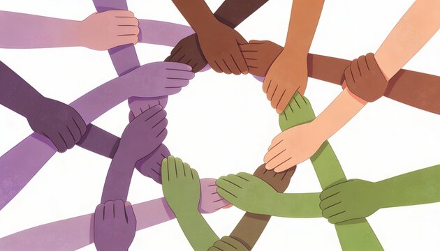 Circle of diverse hands holding together. Unity, diversity and teamwork concept illustration. Support and collaboration background