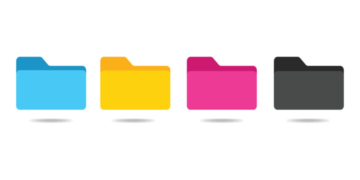 Computer file folder icons set. Colorful document folders. Office folder icons with documents. Folders for reports and important documents. Vector illustration.