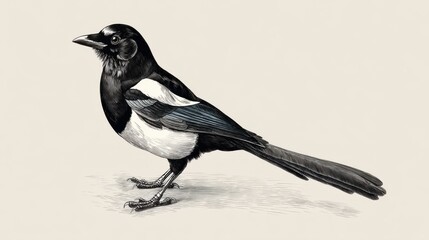 Obraz premium Detailed Illustration of a Black and White Magpie Perched on Surface