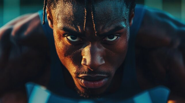 Focused athlete in a low angle, intense gaze. Sweat glistening. Dramatic lighting, vibrant tones