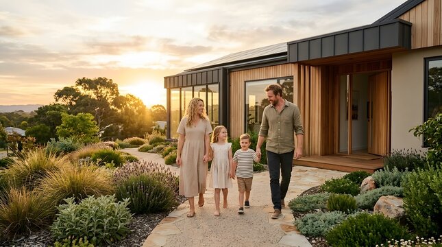 Family walking to modern house