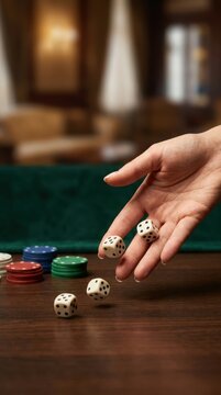 Person throwing dice on a wooden casino table
