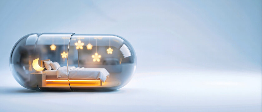 Miniature bedroom inside clear glass capsule on white background. Bed with warm underglow, crescent moon lamp and hanging stars. Sleep and dream concept. Copy space for text