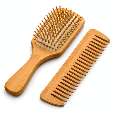 Natural wooden paddle hair brush alongside a matching wooden wide tooth comb isolated on a clean white background. This organic set is ideal for sustainable beauty and wellness ads.