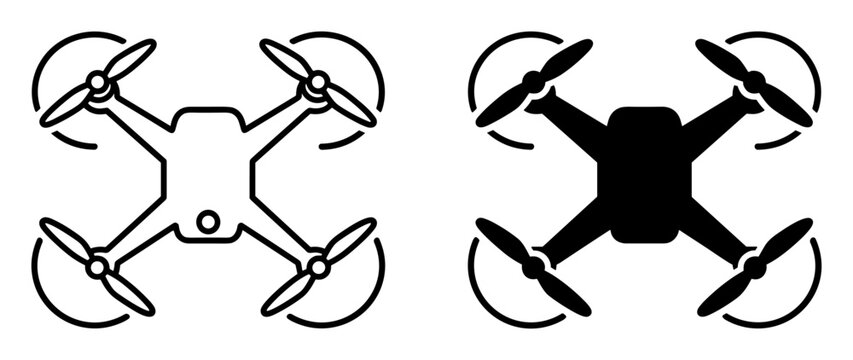 Vector illustration of quad copter drone outline and silhouette icons with four propellers on transparent background