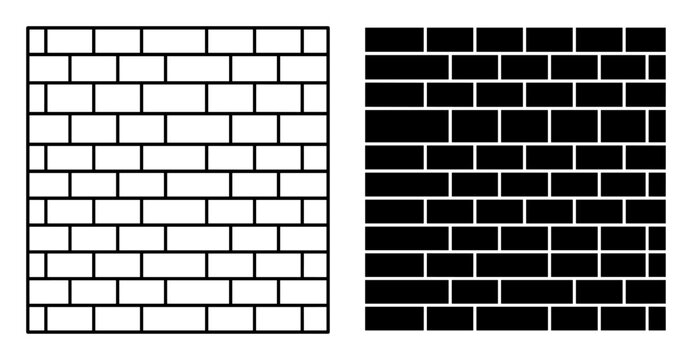 Seamless brick wall pattern with outline and filled styles in black and white design on transparent background