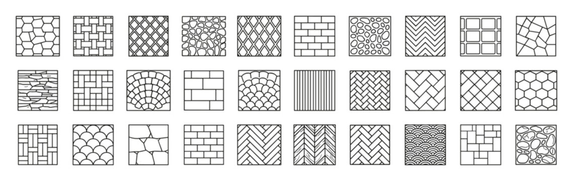 Set of various geometric and organic tile patterns including hexagons, squares, bricks, pebbles, herringbone, chevron and mosaic styles in simple line art on transparent background