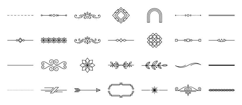 Set of decorative vintage ornamental design elements and dividers in line art style for decoration and embellishment on transparent background