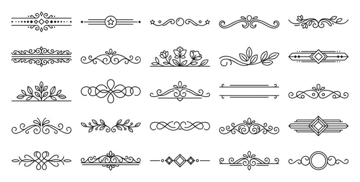 Set of decorative ornate vintage borders and dividers with floral and geometric elements for design on transparent background
