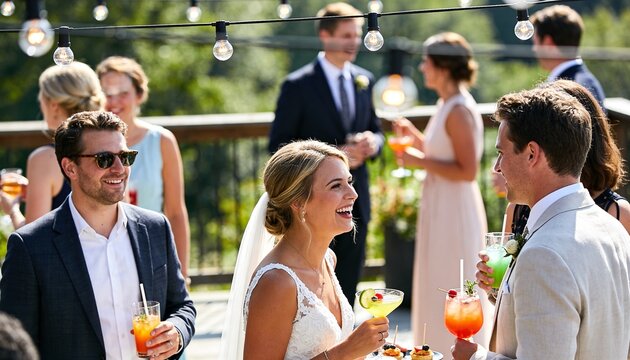 Smiling bride laughing at an outdoor wedding reception cocktail hour. Guests socializing with drinks under string lights at a summer wedding celebration