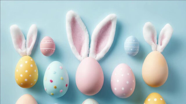 A collection of colorful Easter eggs decorated in pastel hues and adorned with fluffy bunny ears, arranged on a light blue background.