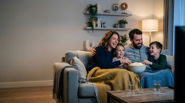 Family eating popcorn on sofa