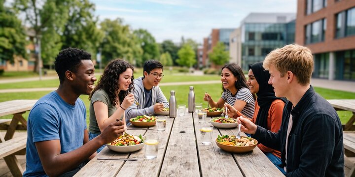 Diverse university students sharing healthy lunch outdoors on campus. Concept of student wellbeing, campus community, inclusive dining, and healthy social lifestyle.