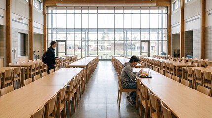 Naklejka na ściany i meble Student eating lunch alone in spacious modern school cafeteria. Concept of quiet meal periods, low attendance, student routines, and school dining facilities.