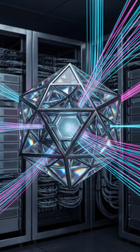 Complex quantum computing processor core visualization.