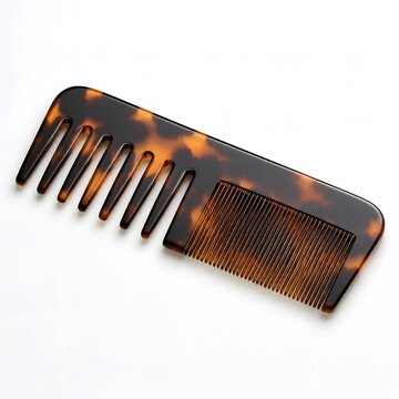 Elegant tortoiseshell design dual tooth comb featuring both wide and fine bristles. Ideal for daily hair care routines, barbershop accessory catalogs, and scalp wellness promotions.
