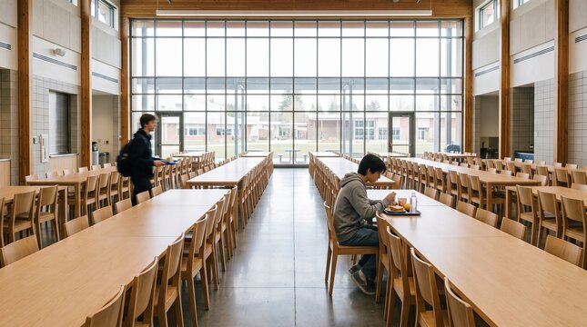 Student eating lunch alone in spacious modern school cafeteria. Concept of quiet meal periods, low attendance, student routines, and school dining facilities.