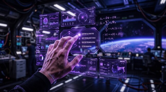 Close-up of quantum physicist's hand interacting with holographic quantum computing and particle physics analytics dashboards in warm golden lighting, Gen by AI