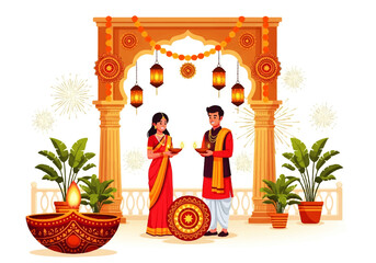 Vector flat design illustration of a Hindu couple celebrating Diwali festival with diyas and traditional decorations © denijulianto