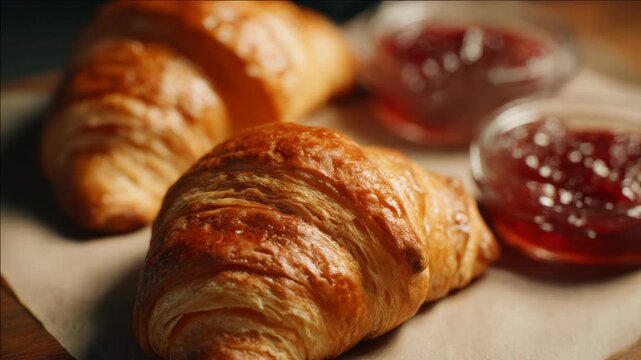 Fresh baked croissants served on a table. Close-up of pastry bread with jam dipping sauce.