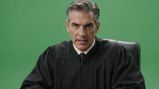 Judge seated formally and speaking with authority on green screen, neutral background lighting.