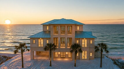 Fototapeta premium Luxurious beachfront home illuminated against a sunset, flanked by palm trees
