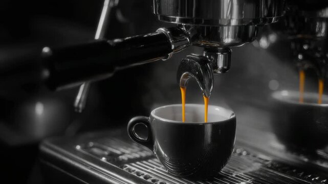 Coffee brewing process with dark roast coffee beans in a cup. Close up .