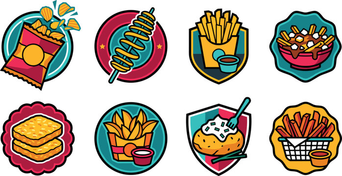 Vector collection of cartoon style potato snack emblems featuring french fries chips potato wedges poutine hashbrowns baked potato and tornado potato concepts
