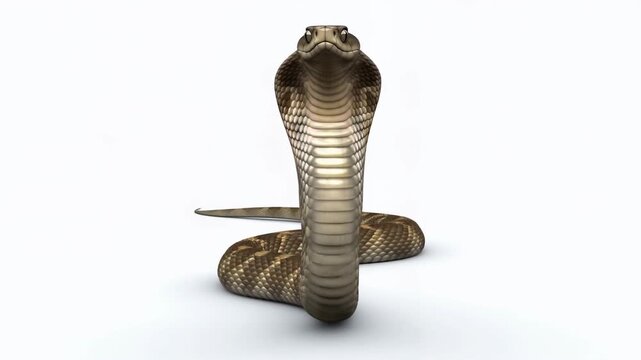 Slow motion shot of brown cobra snake slowly crawling towards camera on white background, coiled reptile close up