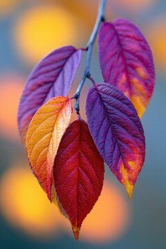 Autumn leaves display vibrant red, orange, and purple hues