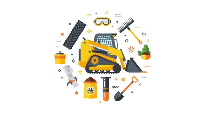Flat Vector Illustration of Skid Steer Loader with Construction and Landscaping Tools Icons