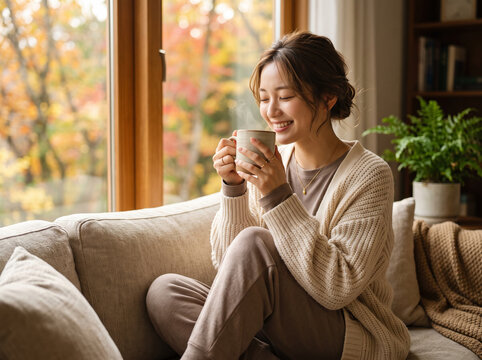 湯気の立つマグカップを手に目を閉じ幸せそうに微笑むニットカーディガン姿の女性