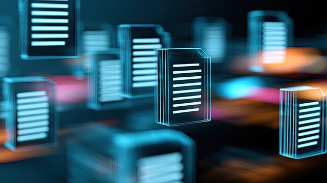 Digital documents float in abstract, glowing network of data streams