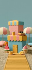 Fototapeta premium Colorful beach pier with umbrellas on summer day. Miniature boardwalk extending into the sea with striped umbrellas under a clear sky