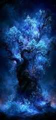 Obraz premium Fantasy magic tree glowing under dark starry night. Magic tree glowing luminous blue light in a mystical dark fantasy night landscape