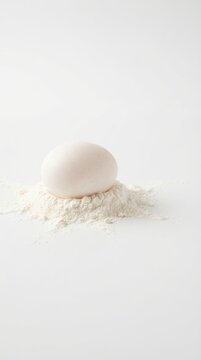 Single white egg resting on a pile of flour