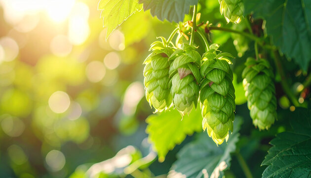 Fresh green hop cones growing naturally on the vine, surrounded by lush green leaves, vibrant summer garden, brewing ingredient and organic agriculture concept. Close-up.